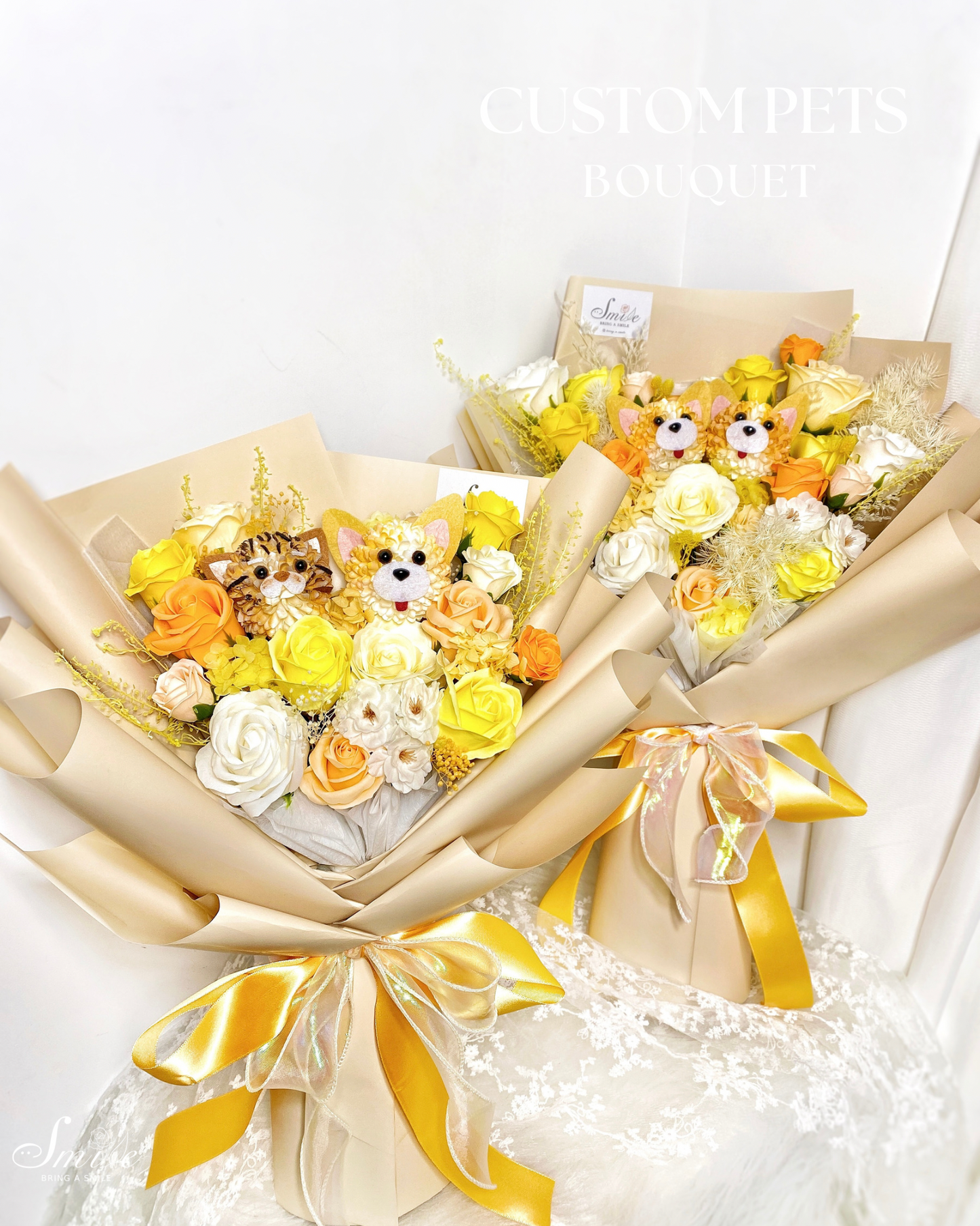 客製化貓狗|卡其黃橙香皂花x保鮮花花束