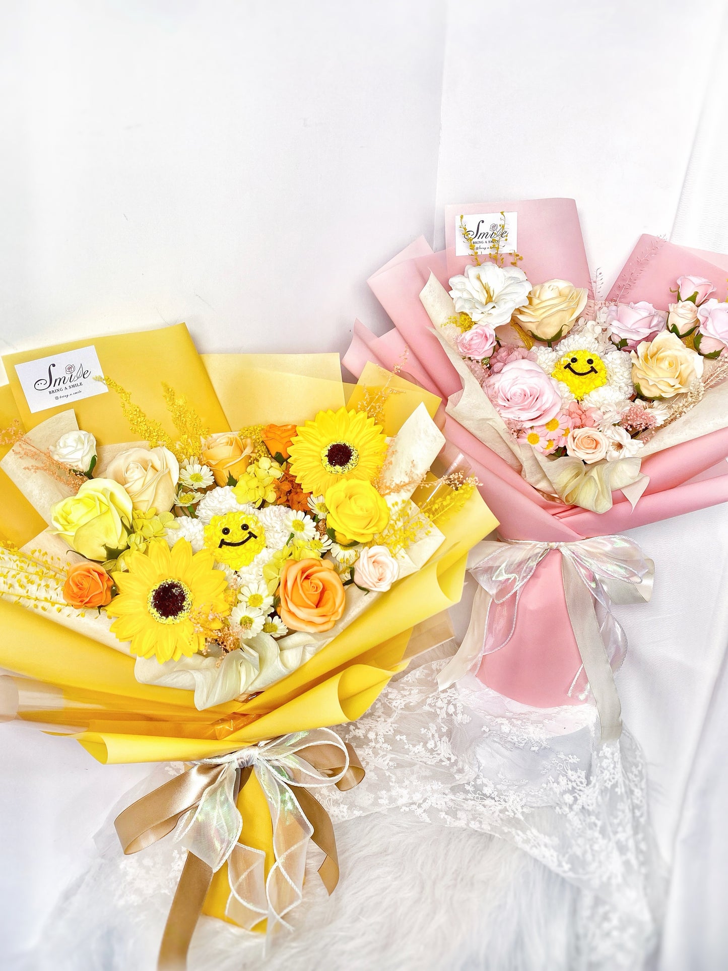 可愛笑哈哈花|向日葵黃粉香皂花x保鮮花花束