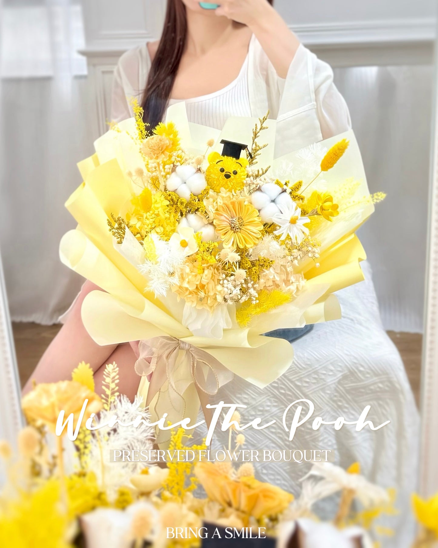 小熊維尼Winnie the Pooh|M黃白木棉乾花x保鮮花花束