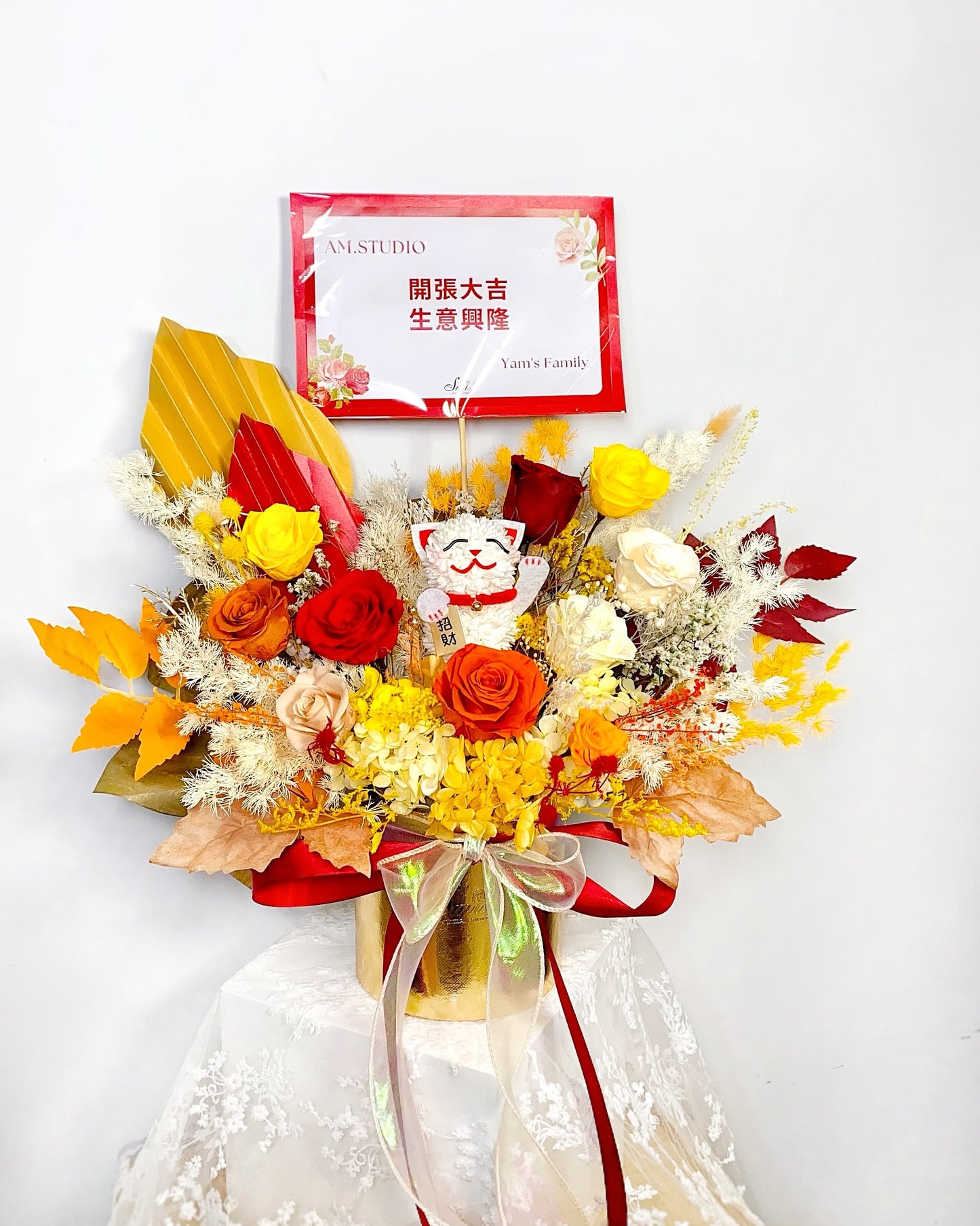 紅橙黃招財貓保鮮花開張花盒|增量