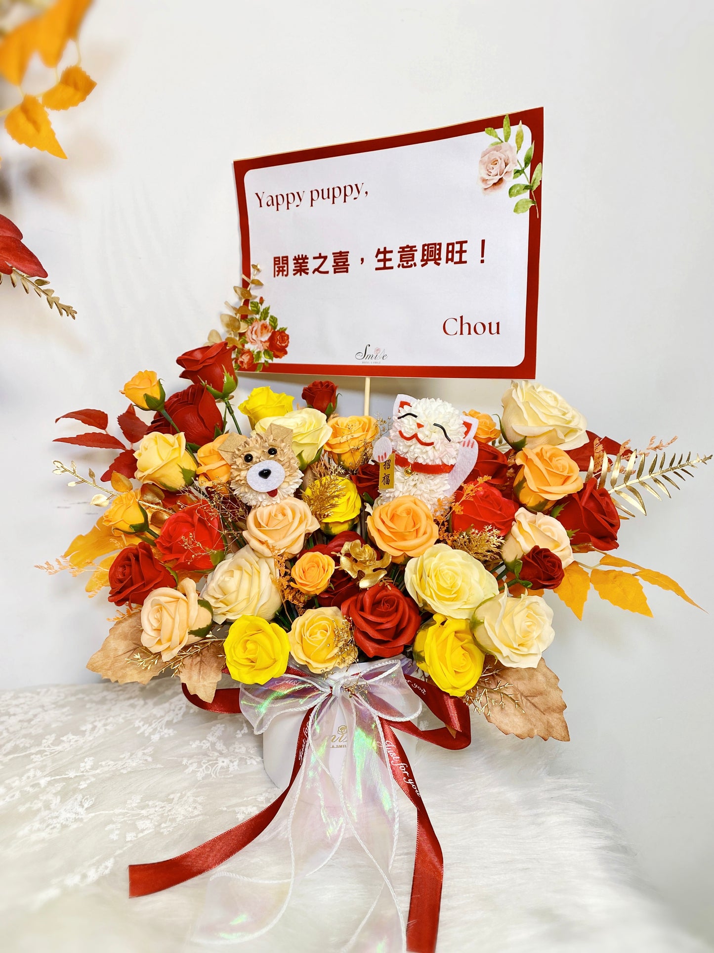 招財貓|紅橙黃金香皂花x保鮮花開張花盒