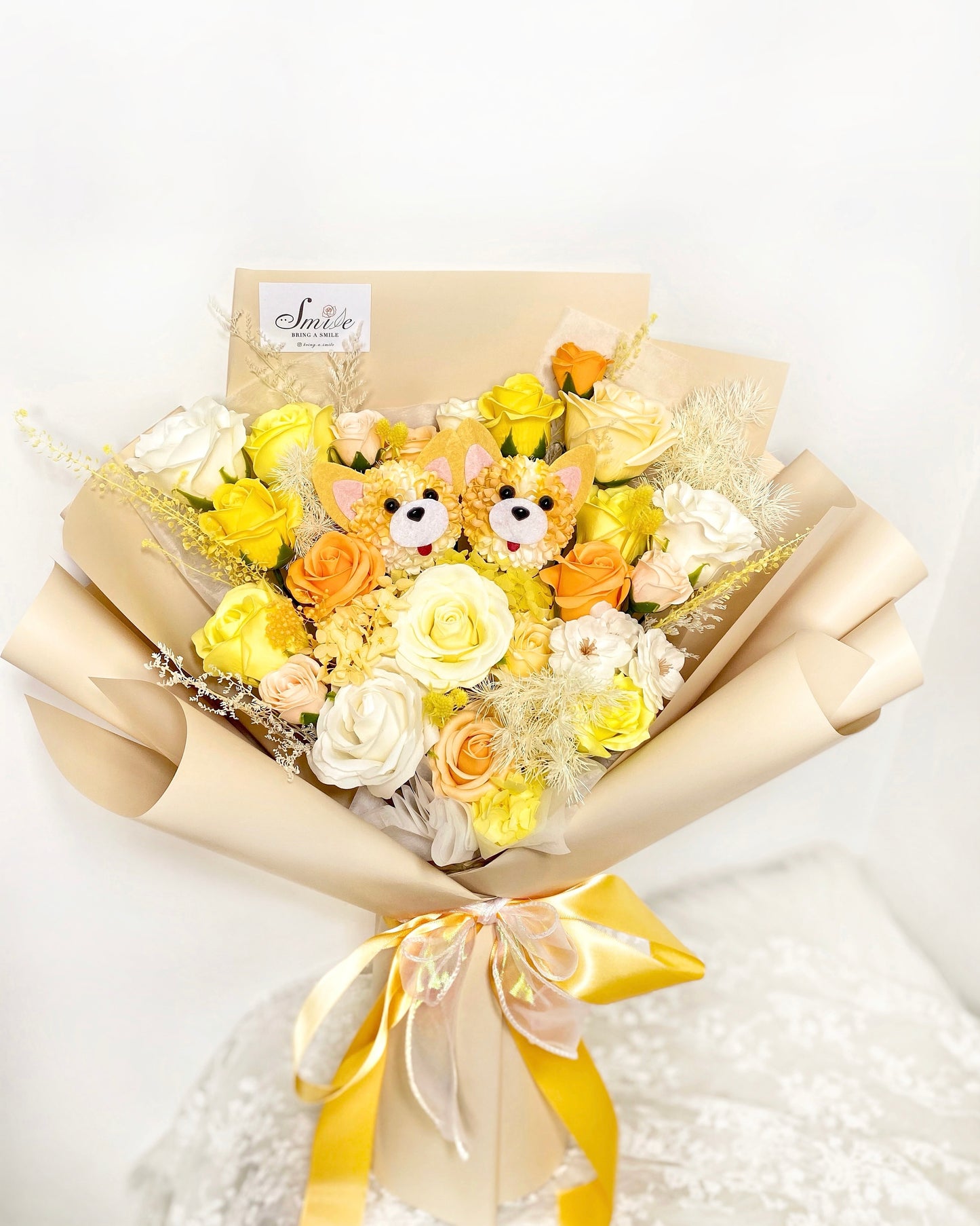 客製化貓狗|卡其黃橙香皂花x保鮮花花束