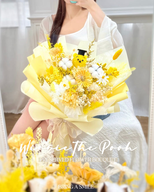 小熊維尼Winnie the Pooh|M黃白木棉乾花x保鮮花花束