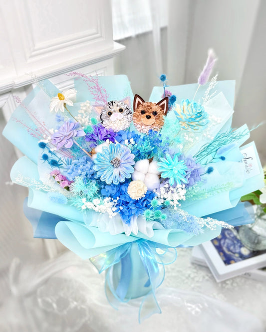 客製毛孩貓狗|M混藍紫木棉乾花x保鮮花花束