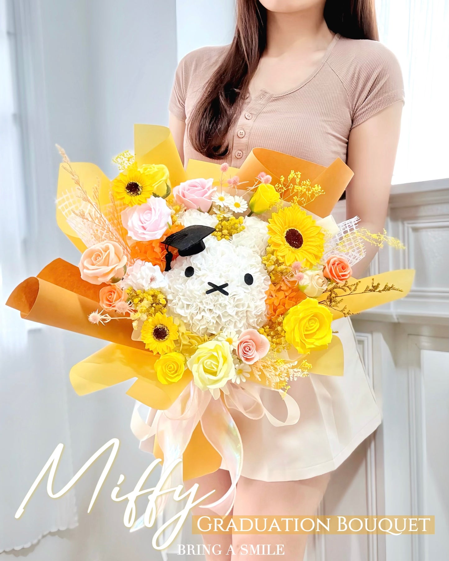 巨型版Miffy｜M黃橙向日葵香皂花x保鮮花花束
