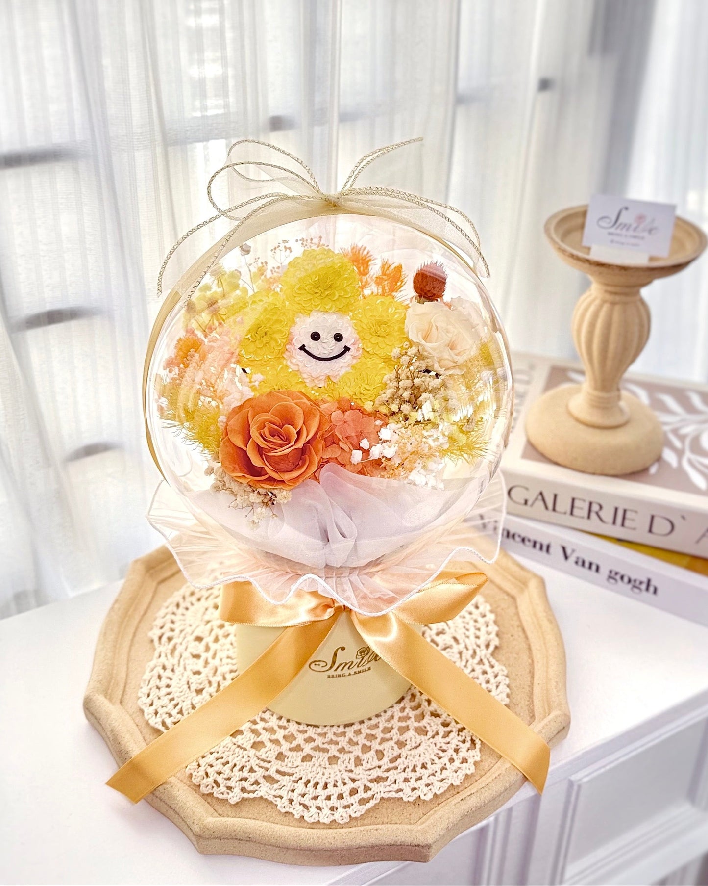 笑哈哈花|水晶波波球黃橙保鮮花花盒