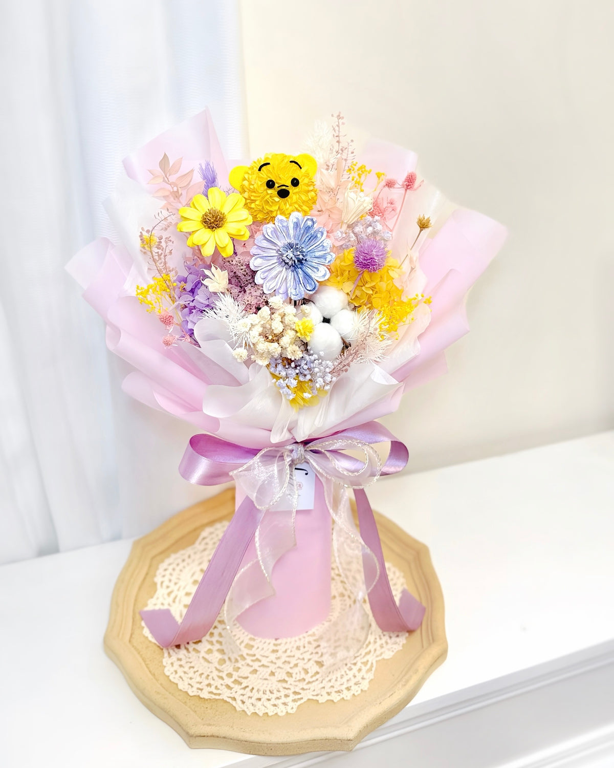小熊維尼Winnie the Pooh｜XS粉紫黃乾花木棉x保鮮花花束