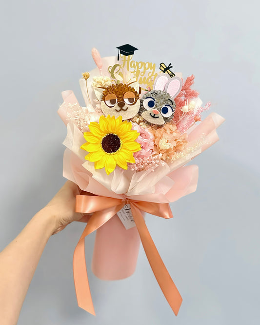 Zootopia狐狸Nick&兔子Judy|Mini Size粉紅向日葵花束