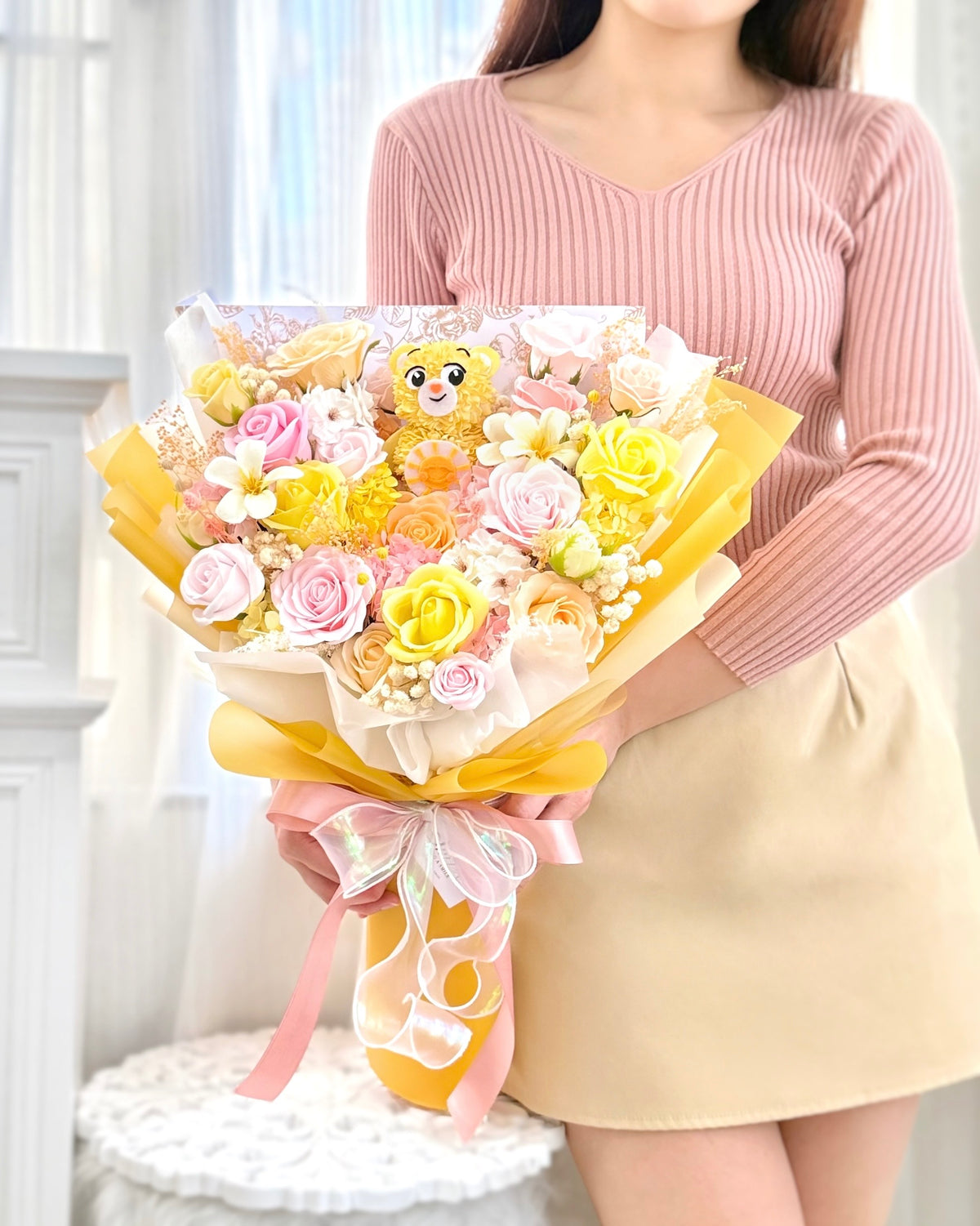 Care Bears愛心熊|M淺黃粉橙香皂花x保鮮花花束