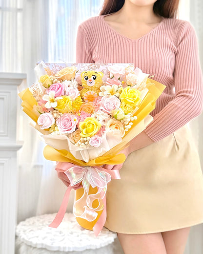 Care Bears愛心熊|M淺黃粉橙香皂花x保鮮花花束