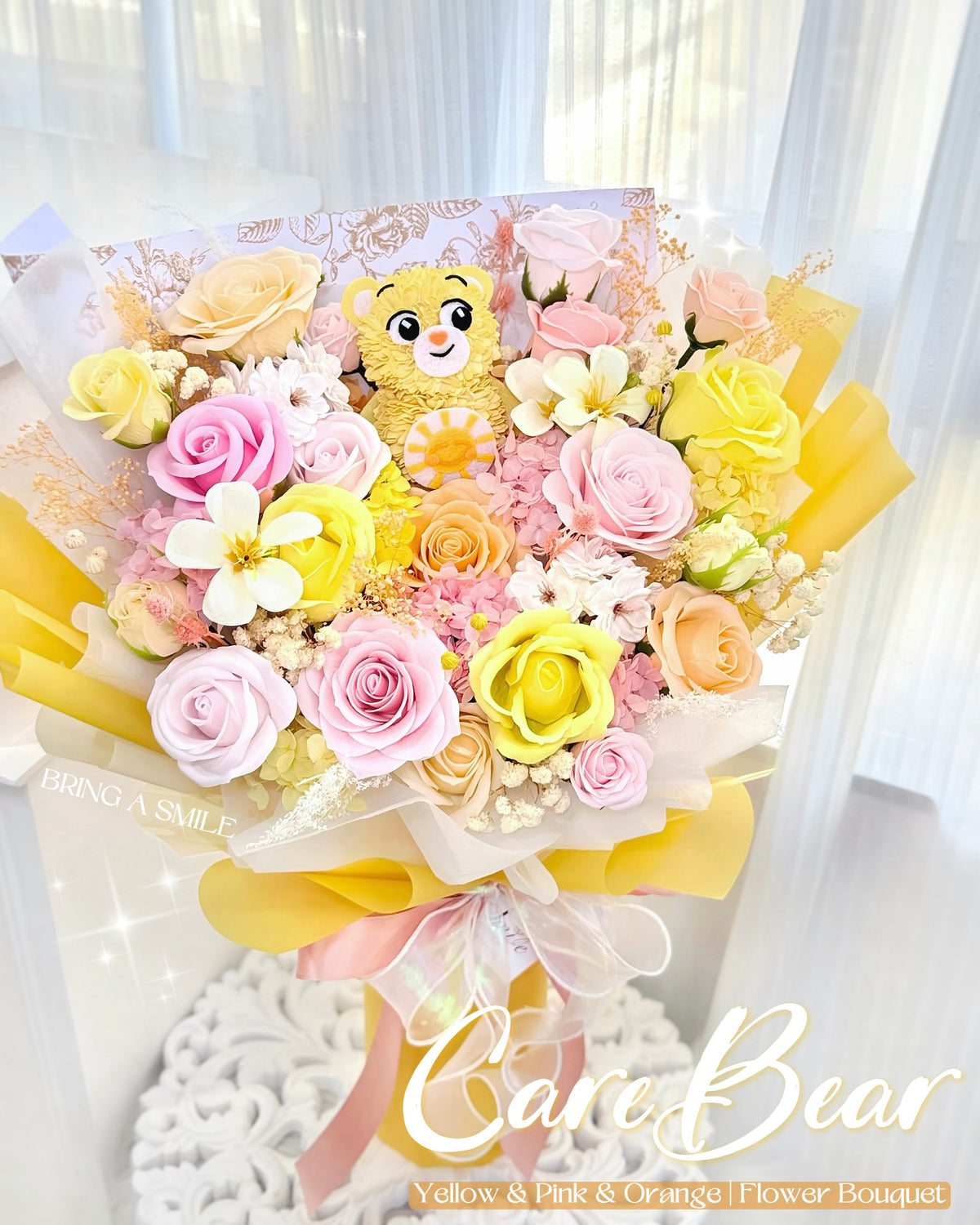 Care Bears愛心熊|M淺黃粉橙香皂花x保鮮花花束