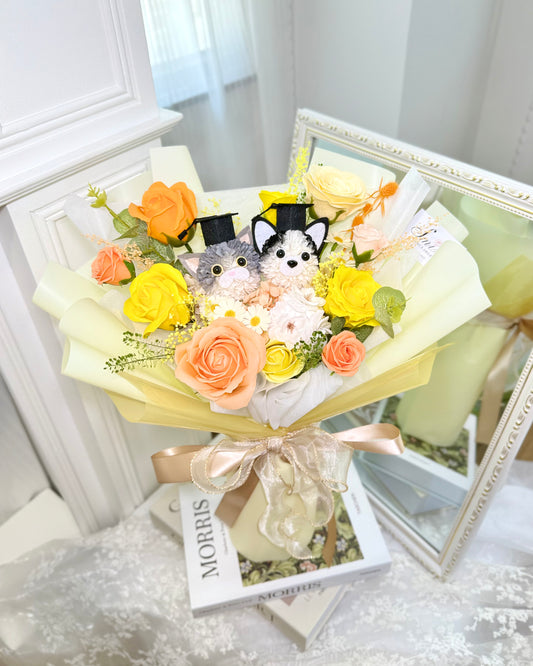 客製貓狗｜S淺黃橙香皂花x保鮮花花束