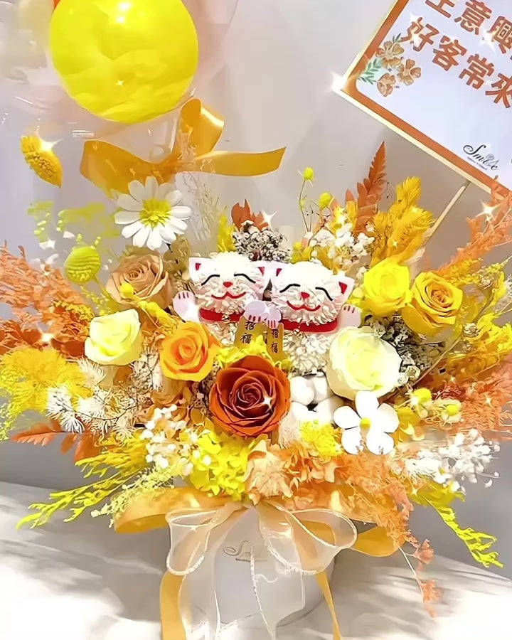 招財貓黃橙保鮮花開張花盒｜增量– Bring A Smile