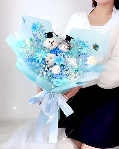 客製毛孩貓狗|M混藍白木棉乾花x保鮮花花束